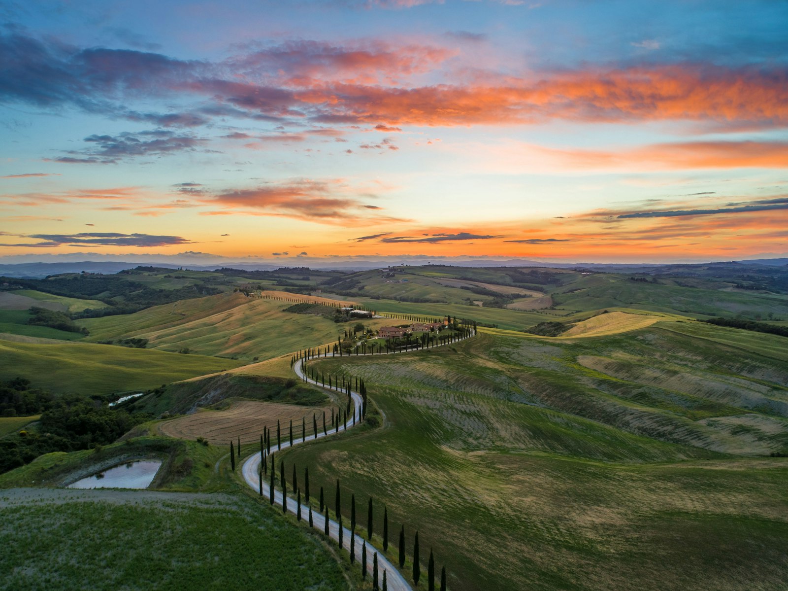 Colinas de la Toscana al atardecer: un camino flanqueado de cipreses sube serpenteando hacia una finca