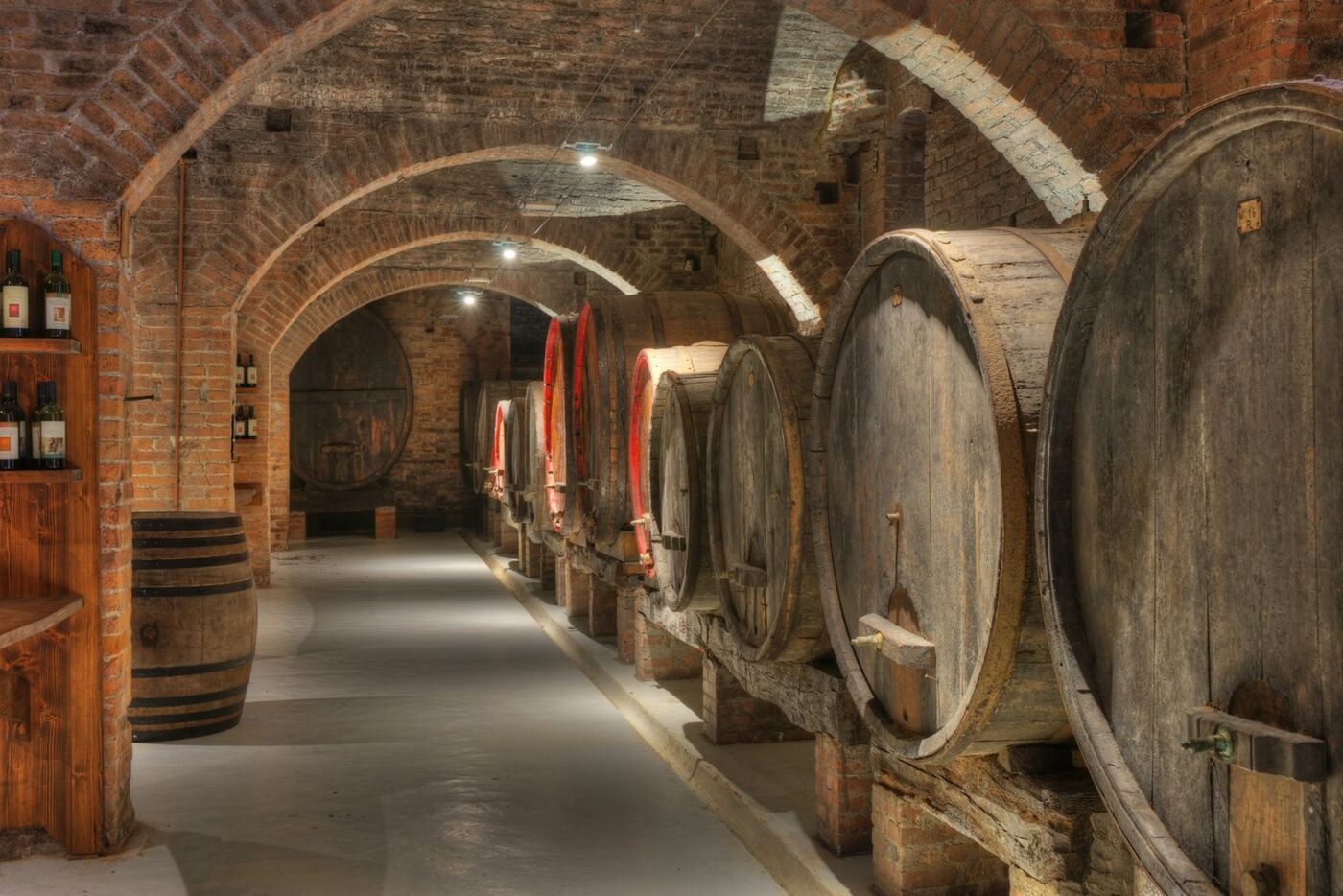 Bodega de ladrillo abovedada con hileras de toneles de madera envejeciendo