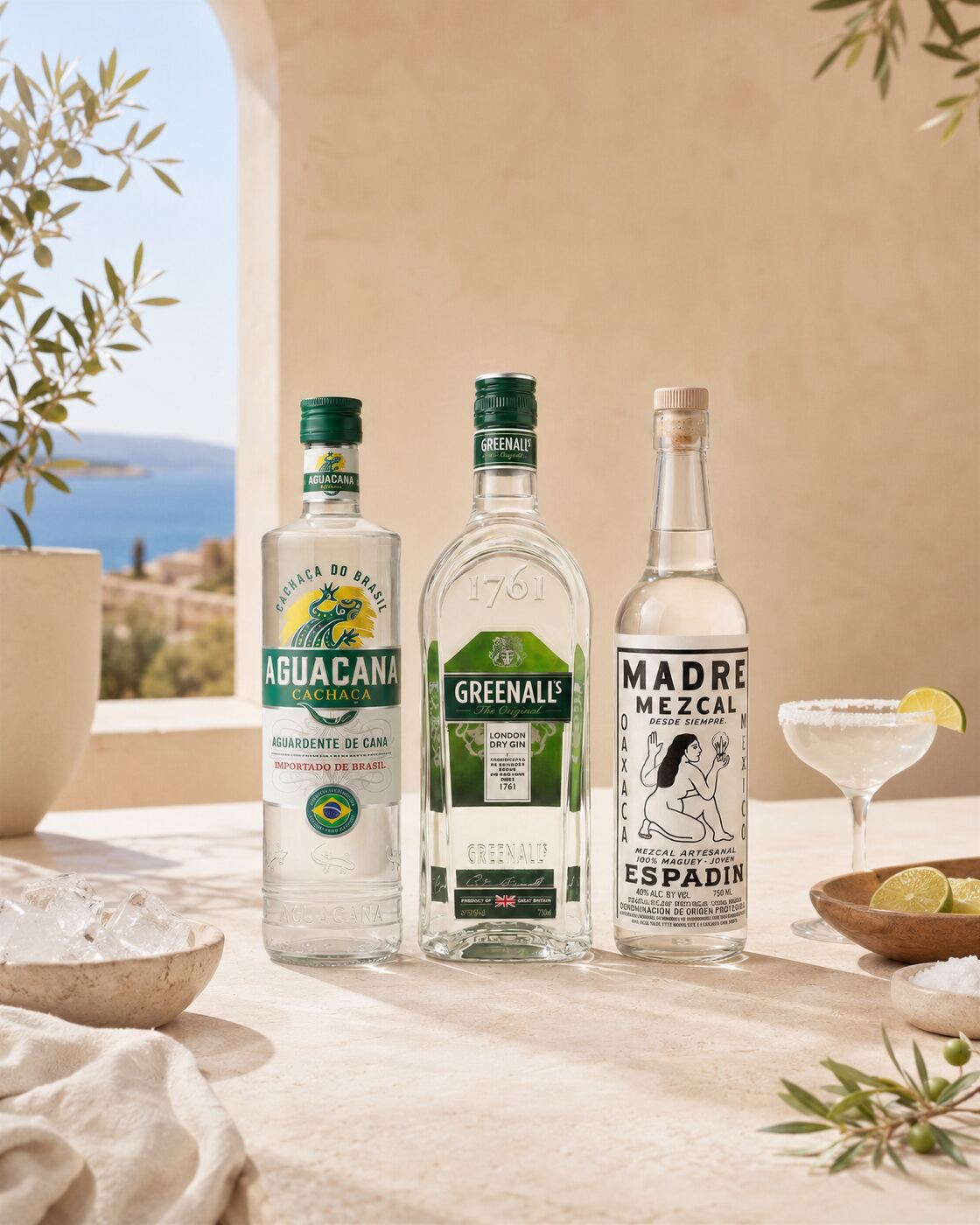 Madre Mezcal espadín junto a una copa de margarita con sal y limas, gin Greenall's y cachaça Aguacana