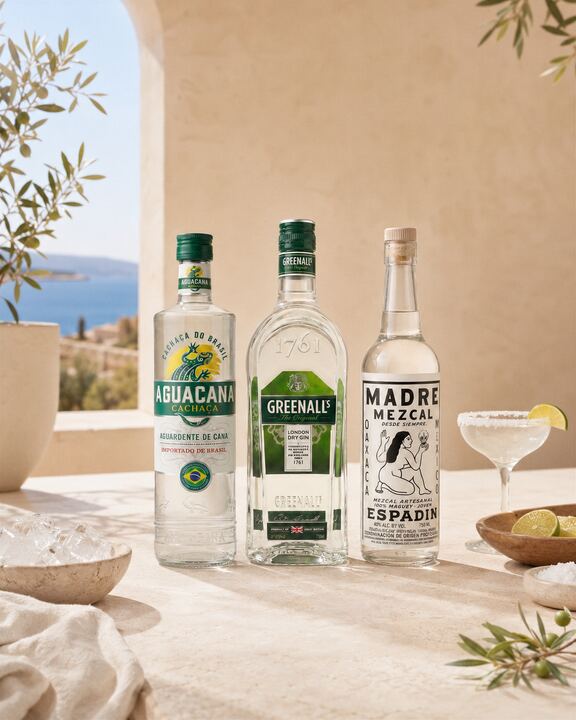 Madre Mezcal espadín junto a una copa de margarita con sal y limas, gin Greenall's y cachaça Aguacana