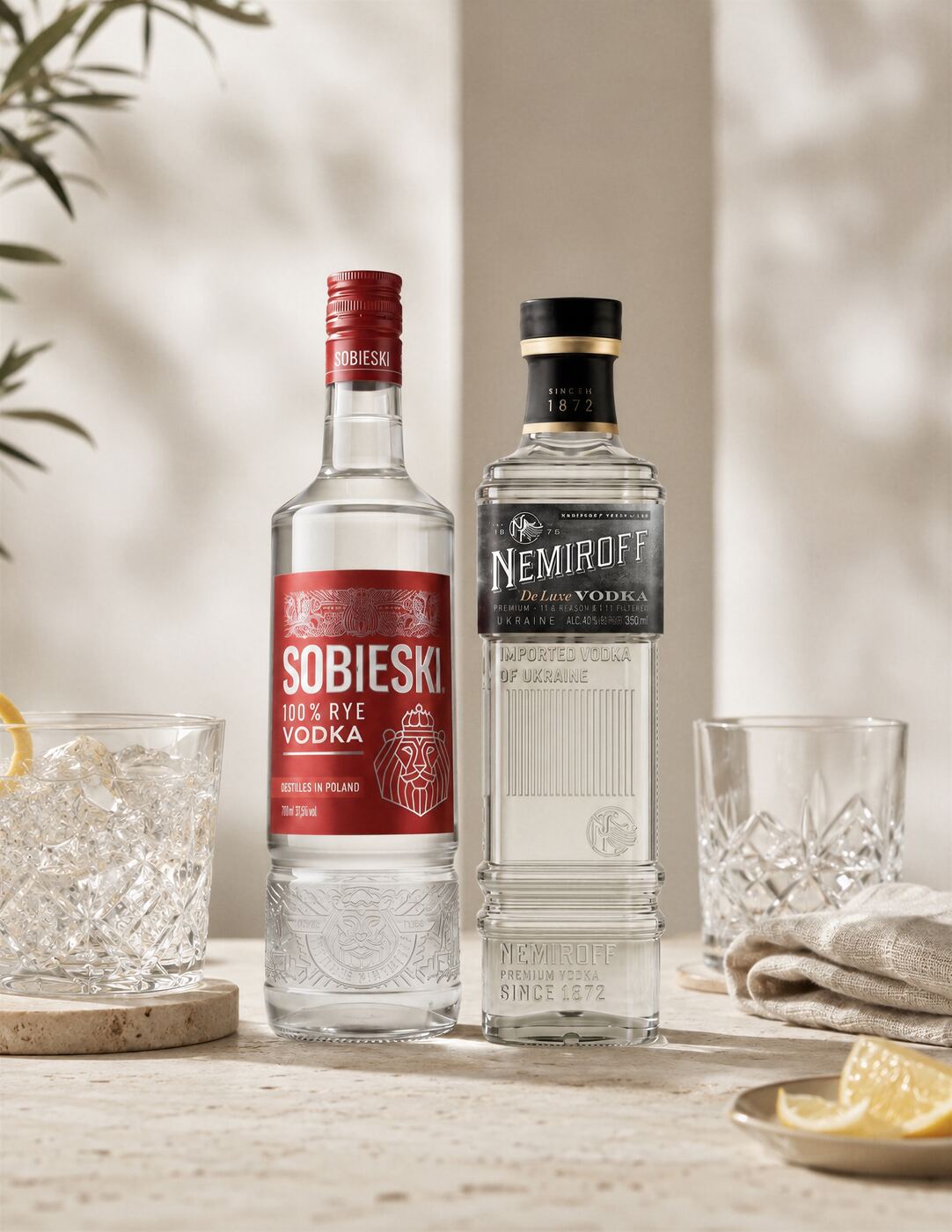 Vodka Nemiroff De Luxe junto a Sobieski, con vasos tallados y limón sobre piedra clara