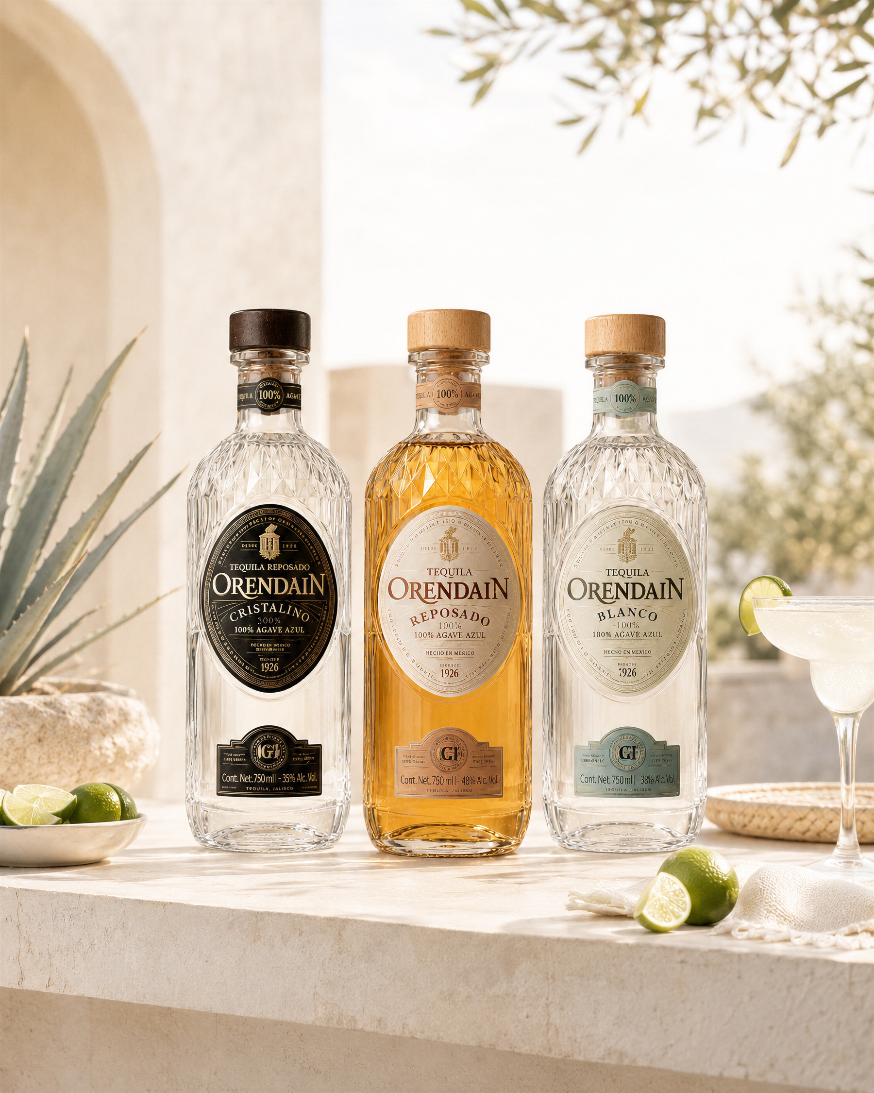 La línea premium de Tequila Orendain — Cristalino Reposado, Reposado y Blanco, 100% agave azul — sobre una repisa de piedra con limas