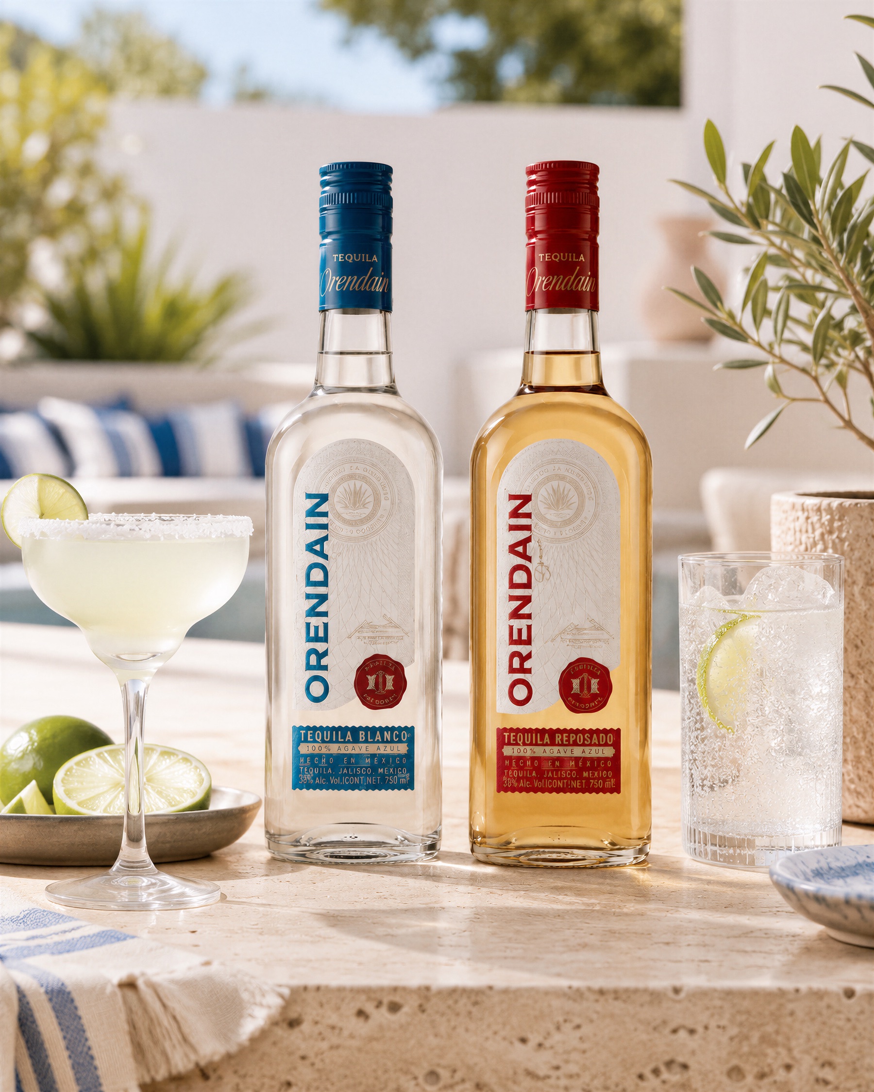 Tequila Orendain Blanco y Reposado con una margarita escarchada y limas sobre una barra de piedra al sol